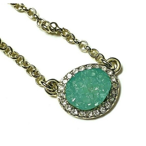 Charming Charlie Green Faux Druzy Necklace Stone Gold Tone with Rhinestones - Picture 1 of 6